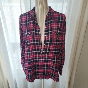 Lucky Brand Pink and Blue Plaid Half Button-Down Shirt